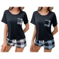 thumbnail image 1 of ZROVA Women's 2-Pack Pajama Sets (4 Pieces) - Short Sleeve Round Neck Tops with Pocket & Plaid Shorts, Casual Summer Sleepwear Loungewear, 1 of 8