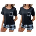 thumbnail image 1 of ZROVA Women's 2-Pack Pajama Sets (4 Pieces) - Short Sleeve Round Neck Tops with Pocket & Plaid Shorts, Casual Summer Sleepwear Loungewear, 1 of 7