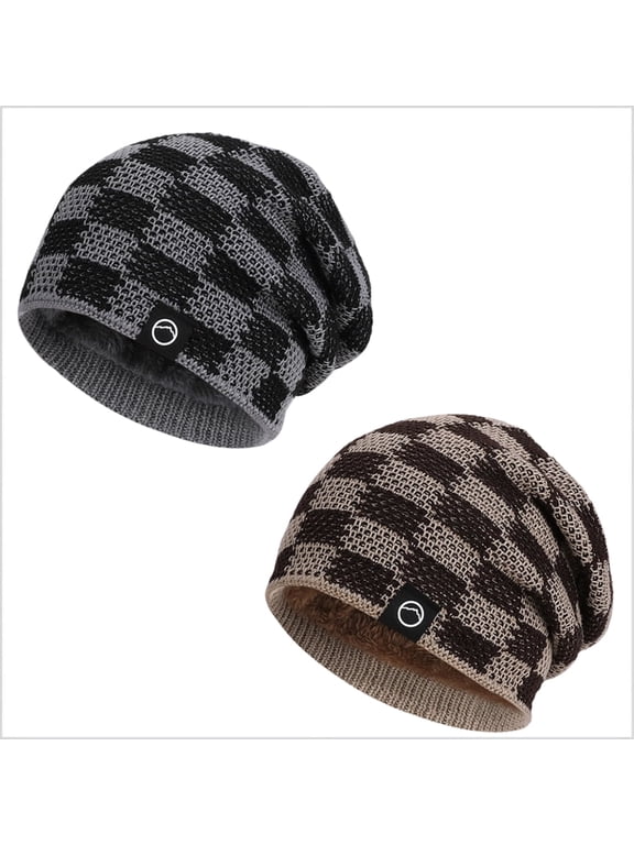 Women's 2-Pack Plaid Knit Beanies,Fleece-Lined, Warm & Slouchy for Winter