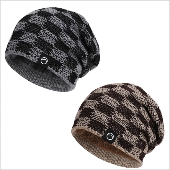 ZROVA Women's 2-Pack Plaid Knit Beanies,Fleece-Lined, Warm & Slouchy for Winter
