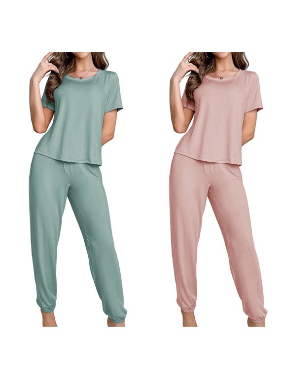 Women's 2-Pack Summer Pajama Sets (4 Pieces) - Solid Color Short Sleeve Top & Long Pants Loungewear, Comfortable Casual Sleepwear for Home & Travel