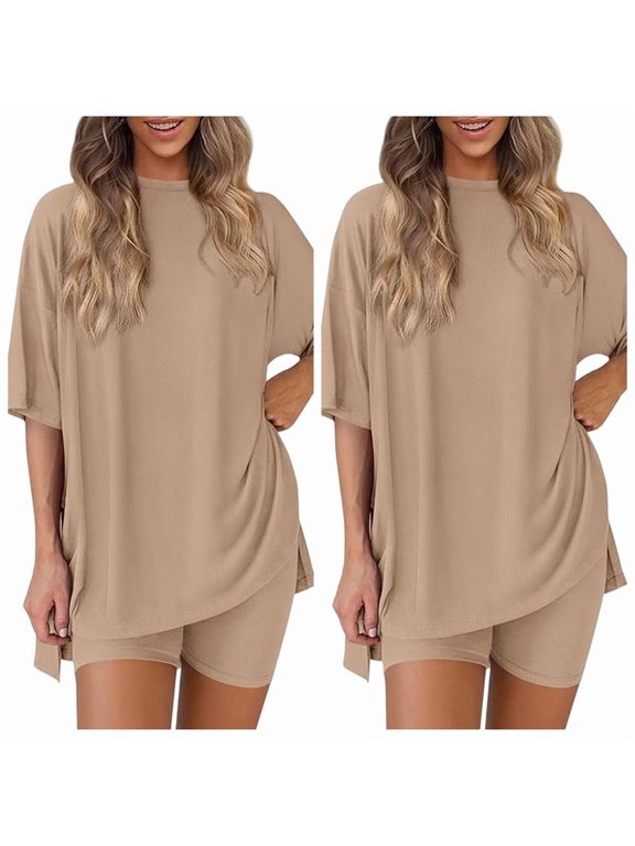 Women's 2 Pack Lounge Sets (4 Pieces Total) - 2 Piece Oversized T Shirt and Biker Shorts Outfits, Casual Solid Color Matching Pajama Sets for Summer Travel & Home