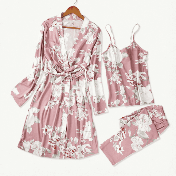 ZROVA Women's 3-Piece Floral Pajama Set – Long Sleeve Robe, Cami Top & Pants Loungewear Sleepwear