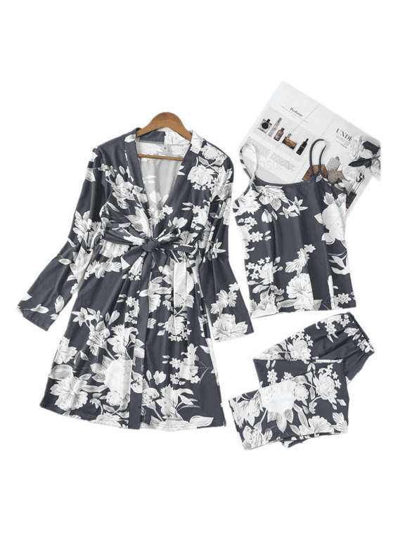 Women's 3-Piece Floral Pajama Set – Long Sleeve Robe, Cami Top & Pants Loungewear Sleepwear