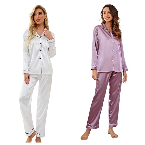 ZROVA Women's Satin Pajama Sets 2-Pack (4 Pieces), Long Sleeve Button Down Sleepwear & Loungewear