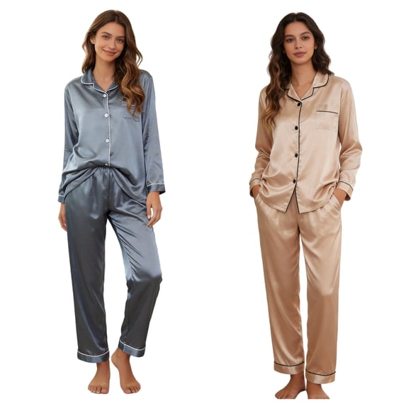 ZROVA Women's Satin Pajama Sets 2-Pack (4 Pieces), Long Sleeve Button Down Sleepwear & Loungewear