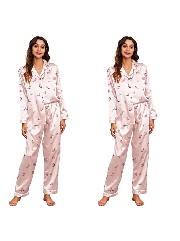 Women's Satin Pajama Sets 2-Pack (4 Pieces), Long Sleeve Floral Button Down Sleepwear & Loungewear, Soft Silky PJs for Home or Outdoor