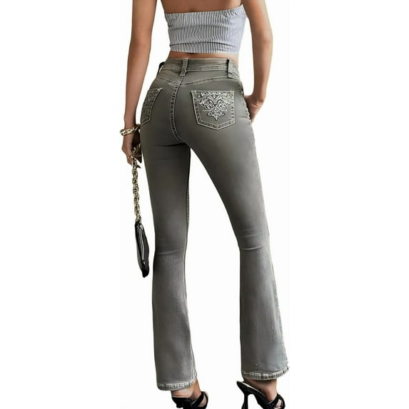 ZRP Women's Mid-Waist Slim Fit Gray-Blue Jeans with Floral Embroidery Back Pockets, Plus