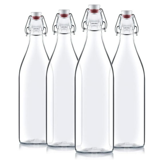 ZRQarq Giara Swing Top Bottles 33 ¾ Ounce-4 Pack Round Clear Glass Grolsch Top Bottle With Stopper, for Beverages, Smoothies, Kefir, Beer, Soda, Juicing, Kombucha, Water, Milk and Vinegar