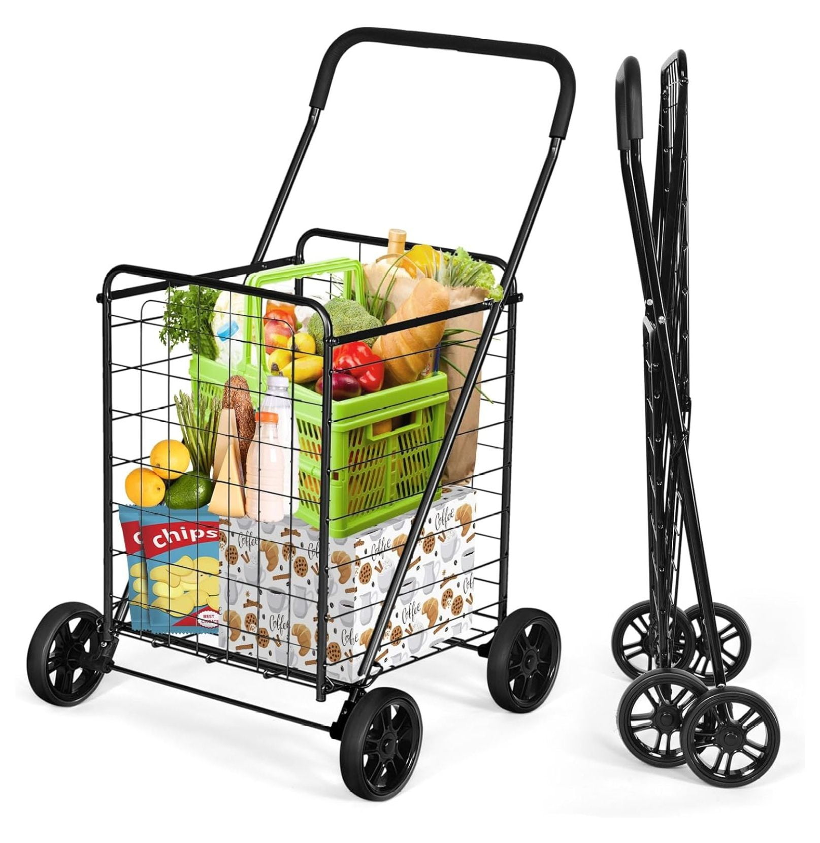 ZRQarq Grocery Shopping Cart, Foldable Heavy Duty Utility Cart w/Large ...