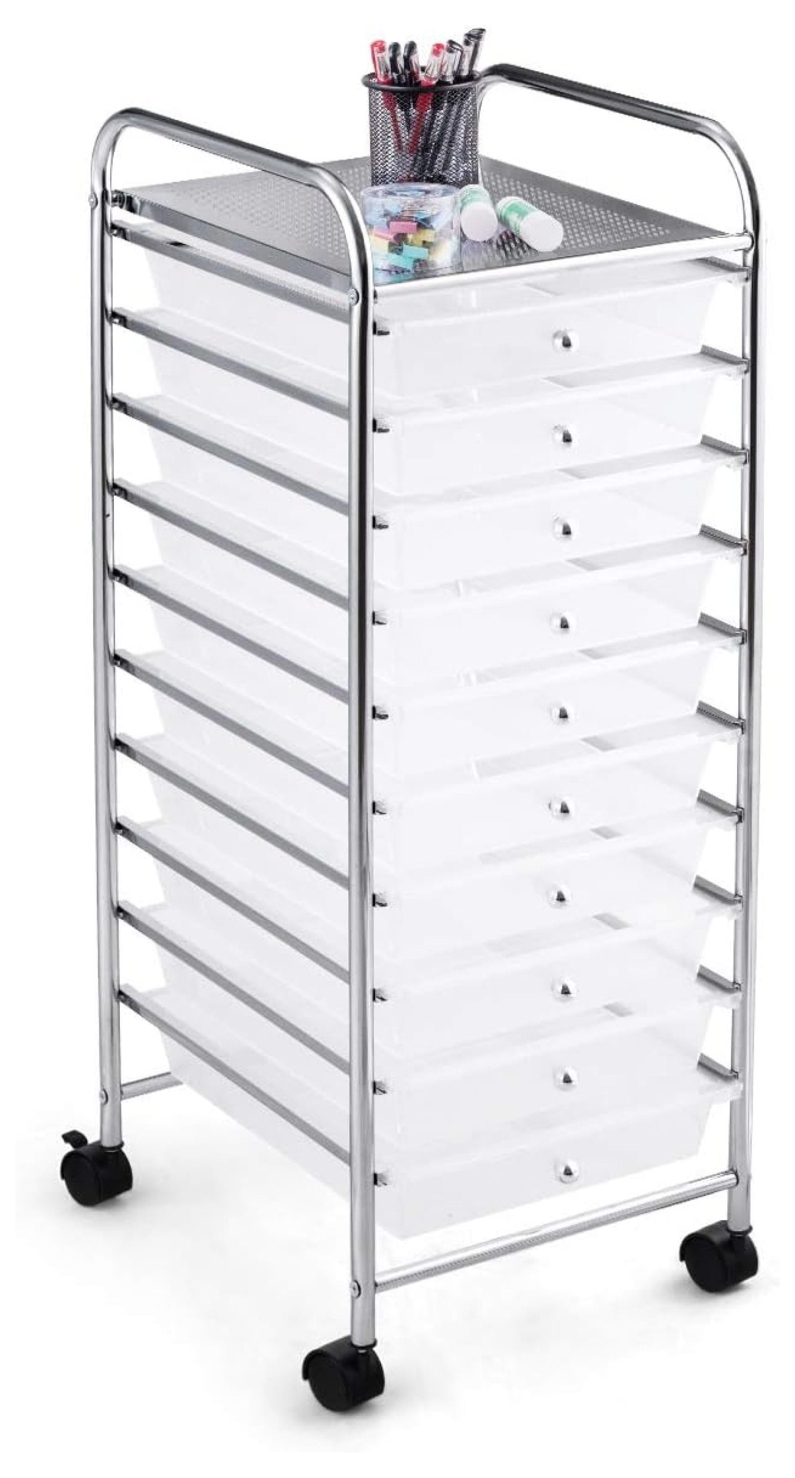 Clear 10-Drawer Mobile Storage Cart with Chrome Frame