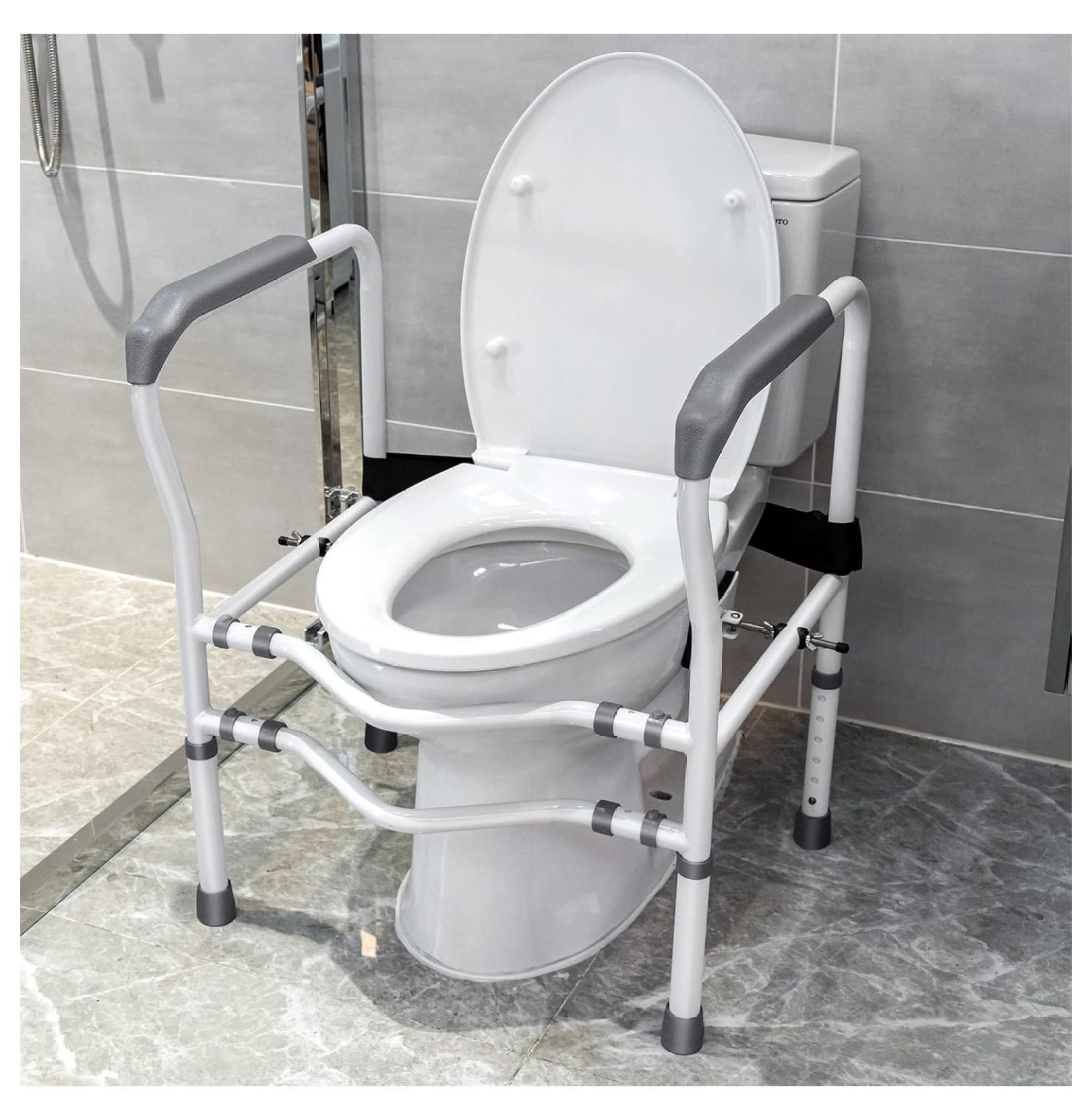 ZRQarq Toilet Safety Frame \u0026 Rail, Adjustable -Assembly Medical Bathroom Assist Frame for Elderly with 360 Rotatable Clip, Non-Slip Heavy Duty Stand Alone Disabled Toilet Riser Handrail Grab Bar