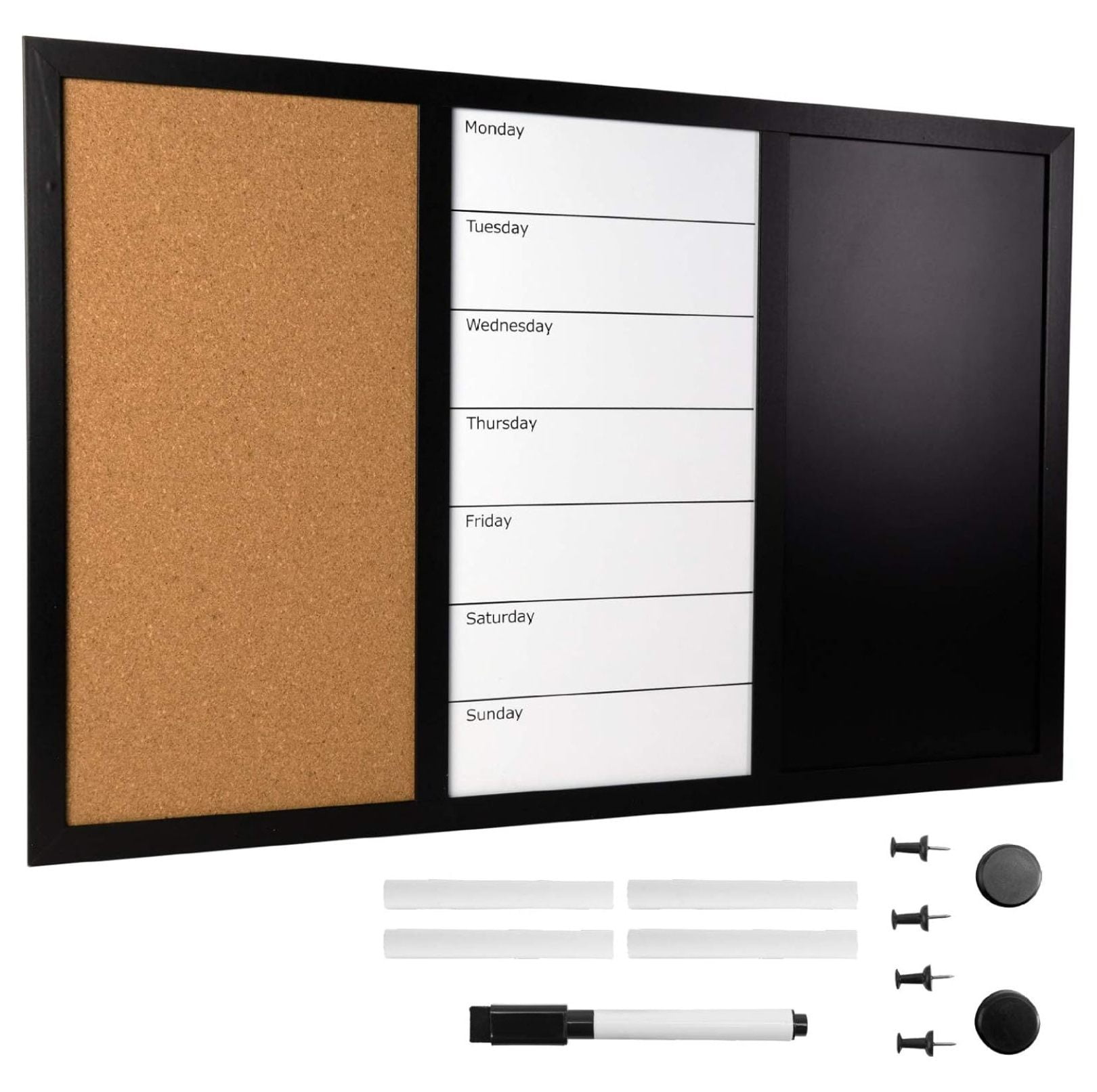 Black Wood Frame Magnetic Combo Board with Cork, Whiteboard, and Chalkboard