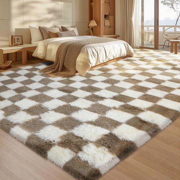 UNTIMATY 8'x10' Area Rugs for Living Room, Large Shag Fluffy Rug Checkered Carpet, Beige & White