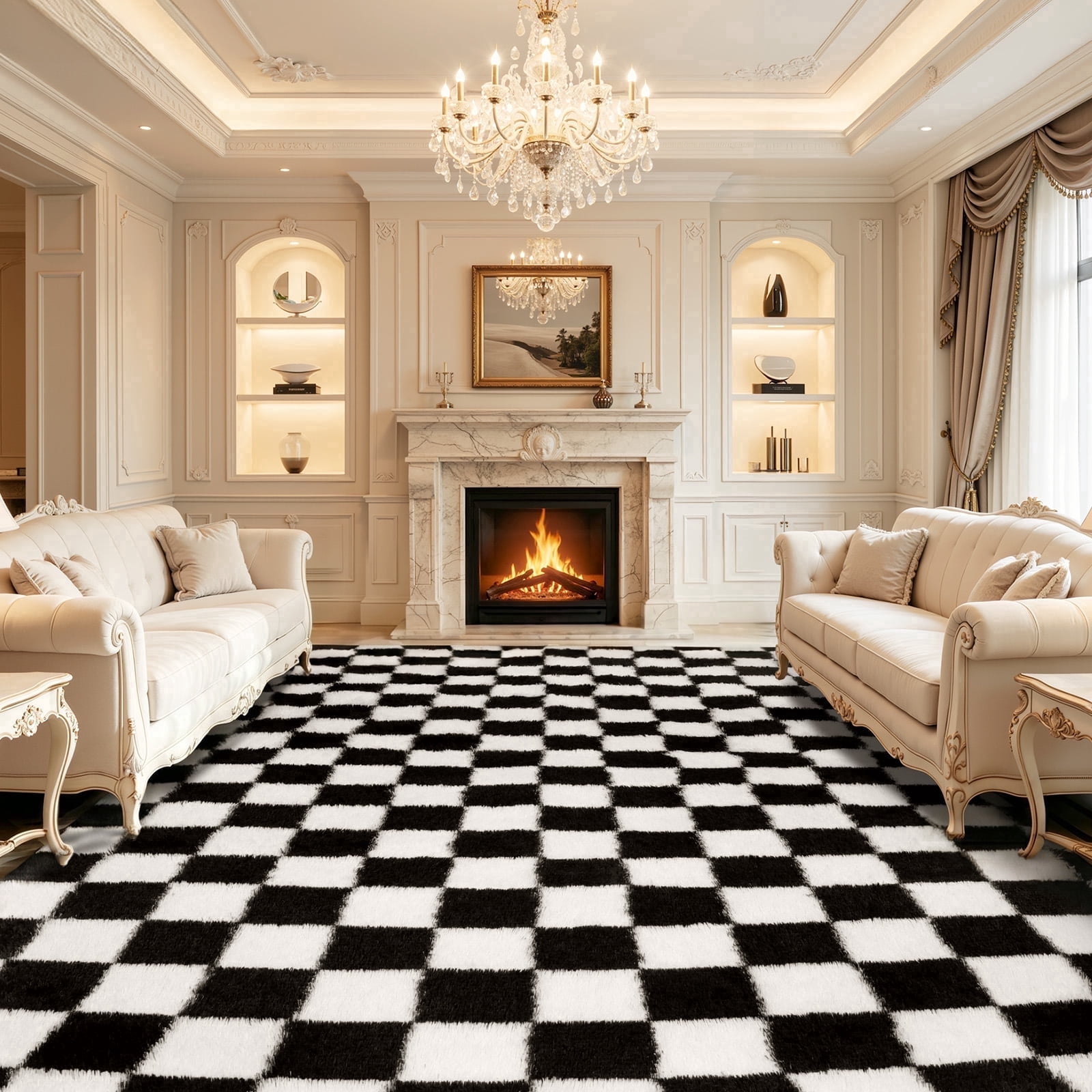 ZRSDIXK 8'x10' Area Rugs for Living Room, Large Shag Fluffy Rug Checkered Carpet, Black & White