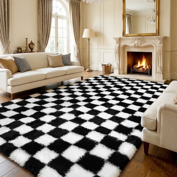 UNTIMATY 8'x10' Area Rugs for Living Room, Large Shag Fluffy Rug Checkered Carpet, Black & White