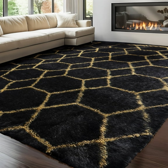 UNTIMATY 8ft x 10ft Area Rug, Soft Fluffy Area Rugs for Living Room Bedroom Geometric Carpet, Black & Gold