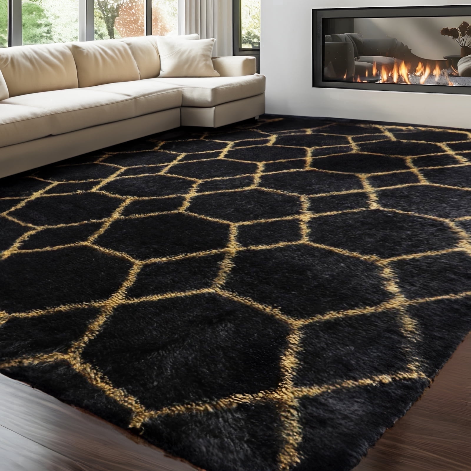 8ft x 10ft Area Rug, Soft Fluffy Area Rugs for Living Room Bedroom Geometric Carpet, Black and White