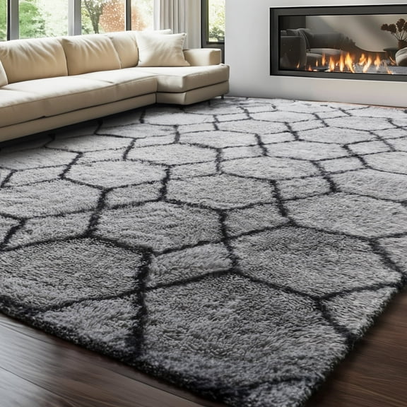 UNTIMATY 8ft x 10ft Area Rug, Soft Fluffy Area Rugs for Living Room Bedroom Geometric Carpet, Gray & Black