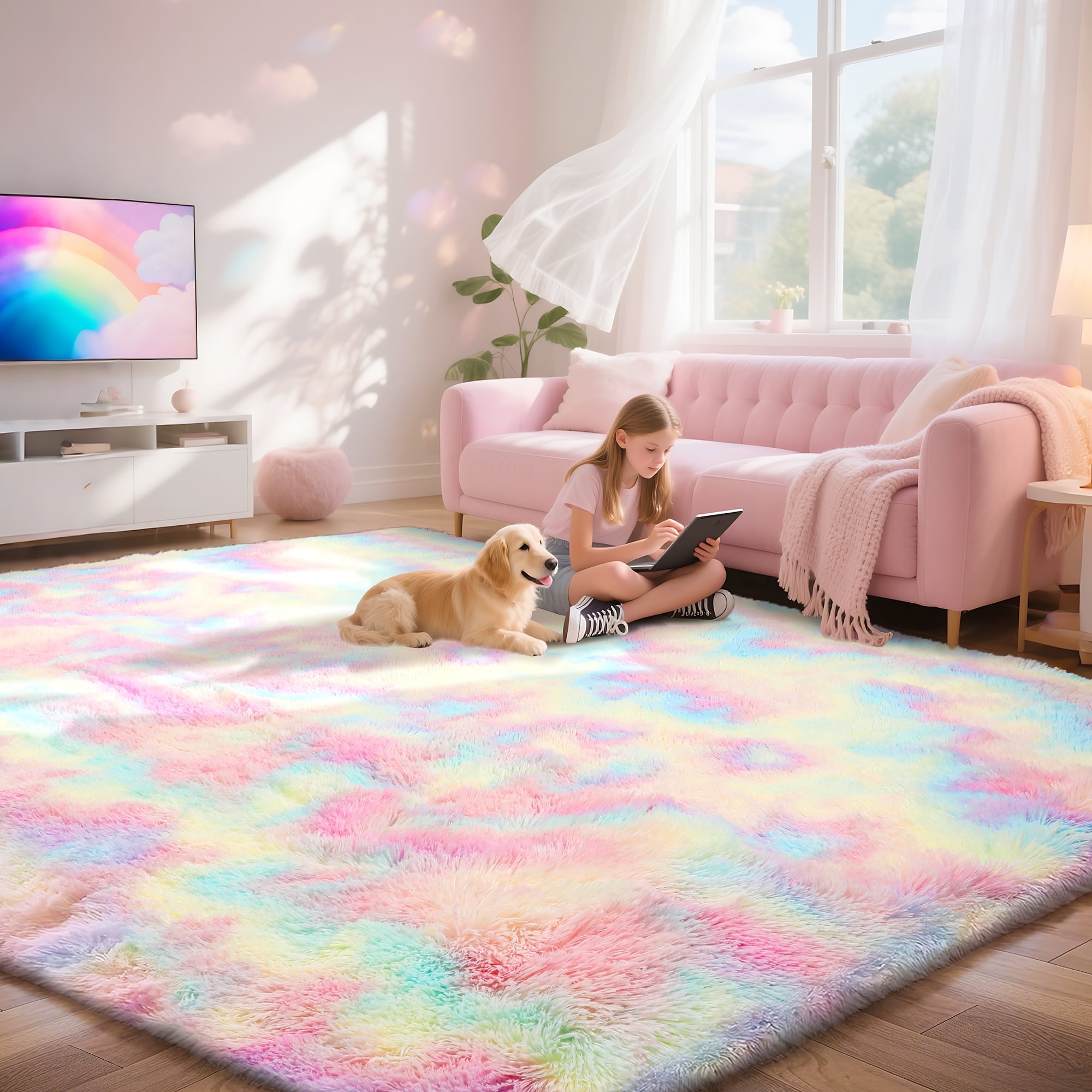 ZRSDIXKI Fluffy Area Rug 8'x10', Soft Plush Rainbow Carpet for Living ...