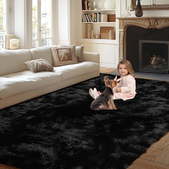 ZRSDIXK Large Area Rug, 5ft x 8ft Shag Living Room Rug, Indoor Modern Tie-dye Area Rugs for Bedroom, Rectangle Fluffy Home Carpets, Black
