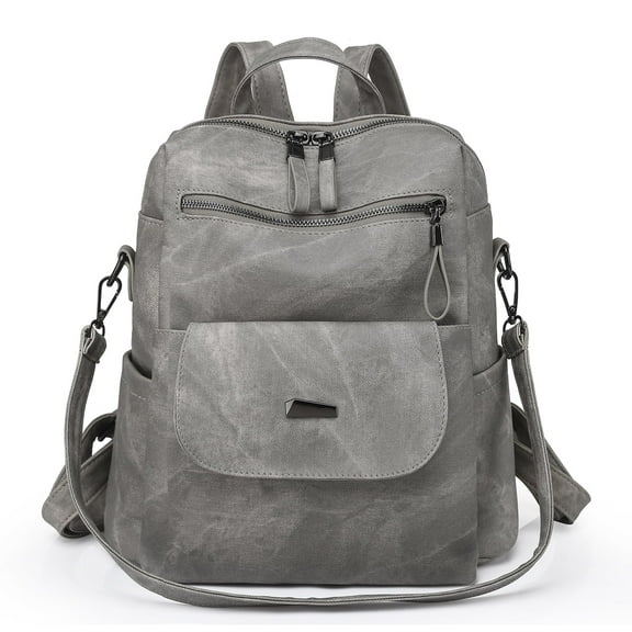 ZRSUN Female Convertible PU Leather Backpack with Multiple Compartments, Gray