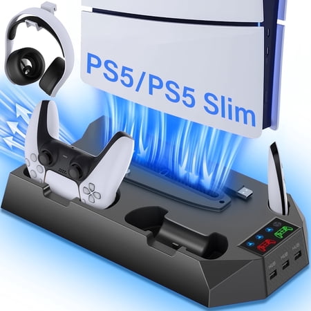 ZRZLMVP PS5 Stand Cooling Station with Dual Controller Charging Station for PS5 Pro, PS5 Slim, PS5 Standard, PS5 Digital,3 Levels Adjustable Fan/3 USB Hubs- Black