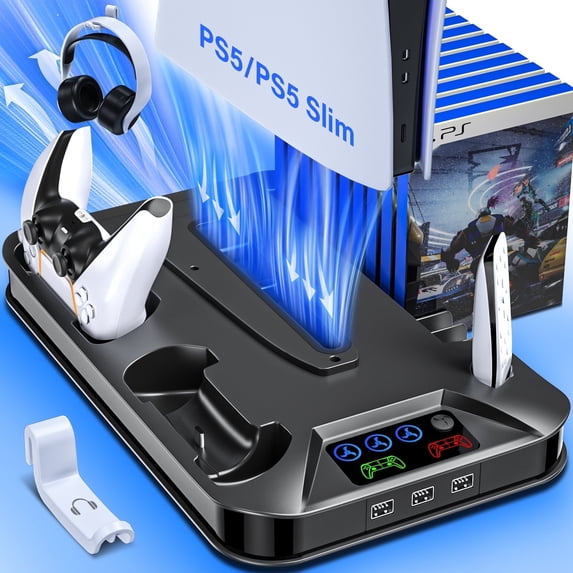 ZRZLMVP PS5/PS5 Pro/PS5 Slim Cooling Station with Controller Charging Station for PlayStation 5 Console Disc/Digital, PS5 Cooling Stand with Cooler Fan Accessories for PS5 Slim with 3 USB Hubs Black