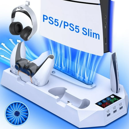 ZRZLMVP PS5 Stand Cooling Station with Dual Controller Charging Station for PS5 Pro, PS5 Slim, PS5 Standard, PS5 Digital,3 Levels Adjustable Fan/3 USB Hubs,White