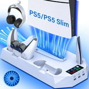 ZRZLMVP PS5 Stand Cooling Station with Dual Controller Charging Station for PS5 Pro, PS5 Slim, PS5 Standard, PS5 Digital,3 Levels Adjustable Fan/3 USB Hubs,White