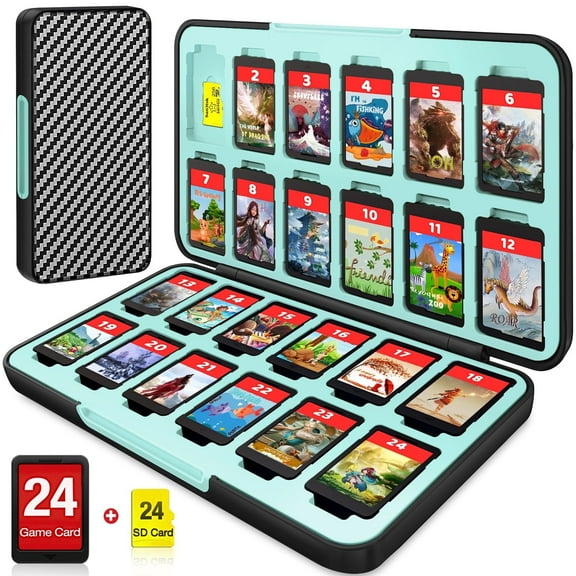 ZRZLMVP Switch Game Case 24 Compatible with for switch 2(2025) Game Cards and 24 Memory Cards, Portable Switch Game Holder, Hard Shell, Soft Lining&Magnetic Closure-Stripe Black Blue