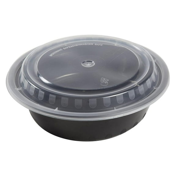 ZRuEzyX 6 Inch Round Black Plastic Containers with Lids, 16 Ounces for Microwave or Freezer, Pack of 150