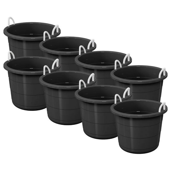 ZRuEzyX Large 17 Gallon Flexible Plastic Storage Bucket Container with Easy Grip Rope Handles for Indoor and Outdoor Storage, Black, 8 Pack