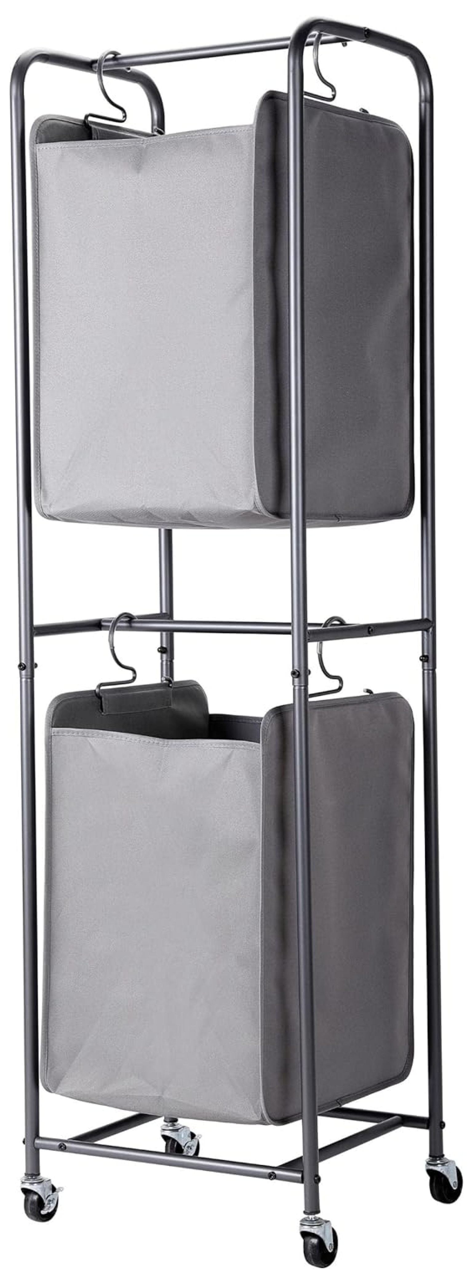 ZRuEzyX Rolling 2-Tier Vertical Laundry Hamper Sorter - Grey - Cart with Double Basket Sections - Four Wheels - Hanging Clothing Bags - Home Organization