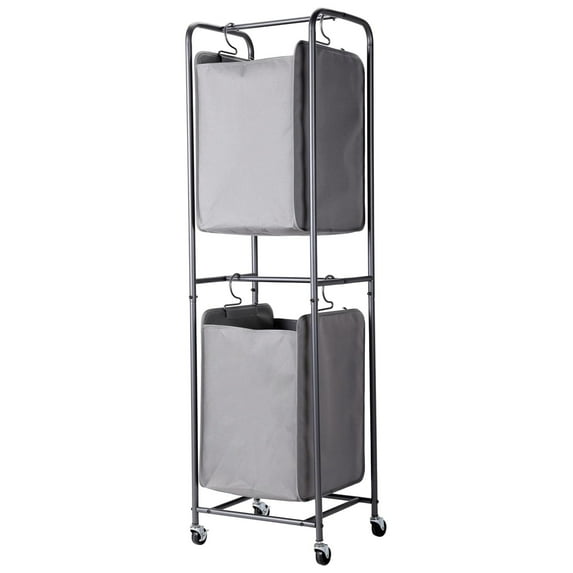 ZRuEzyX Rolling 2-Tier Vertical Laundry Hamper Sorter - Grey - Cart with Double Basket Sections - Four Wheels - Hanging Clothing Bags - Home Organization