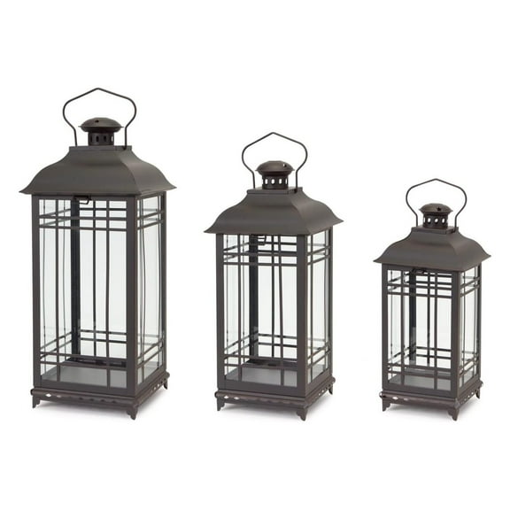 ZRuEzyX Rustic Decorative Hanging Metal and Glass Outdoor Porch Deck Patio Home Room Dcor Lantern Candle Holder Lights, Bronze (Set of 3)