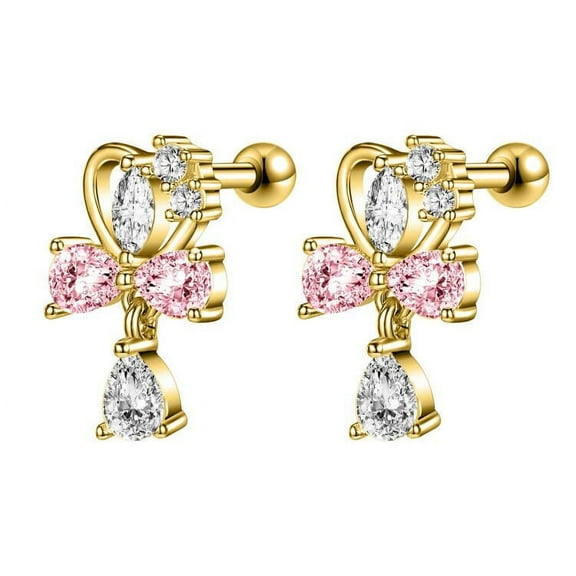 ZS 1 Pair Pink Rosette Stud Earrings White Zirconia Ear Helix Conch Cartilage Piercing