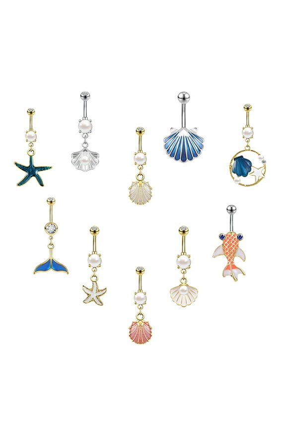 10PCS 14G Marine Style Belly Button Rings Shell Starfish Design Belly Navel Piercing Idea Banana Barbell Belly Ring for Women