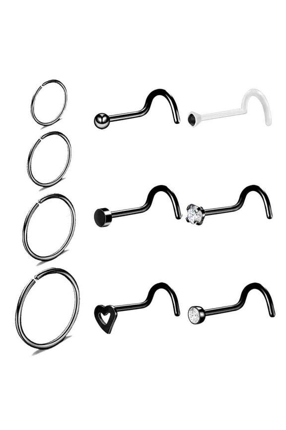 10PCS 20G Nose Hoop Rings CZ Nose Piercing Black Color Nostril Piercing Nose Corkscrew Stud