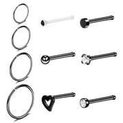 ZS 10PCS 20G Nose Hoop Rings Hoop Nose Stud Rings Set Black Color Stainless Steel Nostril Piercing Nose Bone/L Shaped/Nose Corkscrew