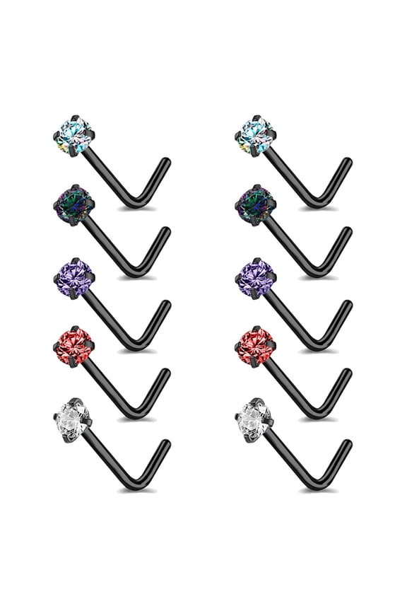 10Pcs 20g Claw Crystal Nose Ring Piercing Black Plated Nostril Piercing L Shape Nose Stud Piercing