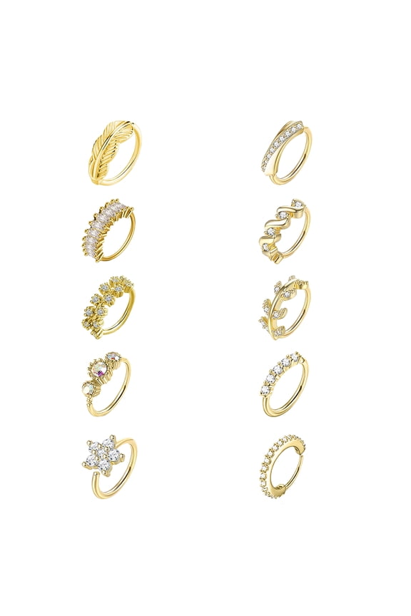 10Pcs/Set 20G Copper Nose Rings Hoop Flower Leaf Zircon Septum Piercing Tragus Cartilage Helix Earrings