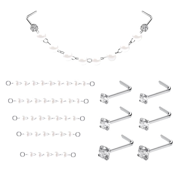 ZS 11Pcs/Set Pearl Nose Chain Piercing Across Nose Stud Cubic Zirconia L Shape Nose Rings