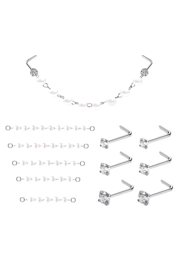 11Pcs/Set Pearl Nose Chain Piercing Across Nose Stud Cubic Zirconia L Shape Nose Rings