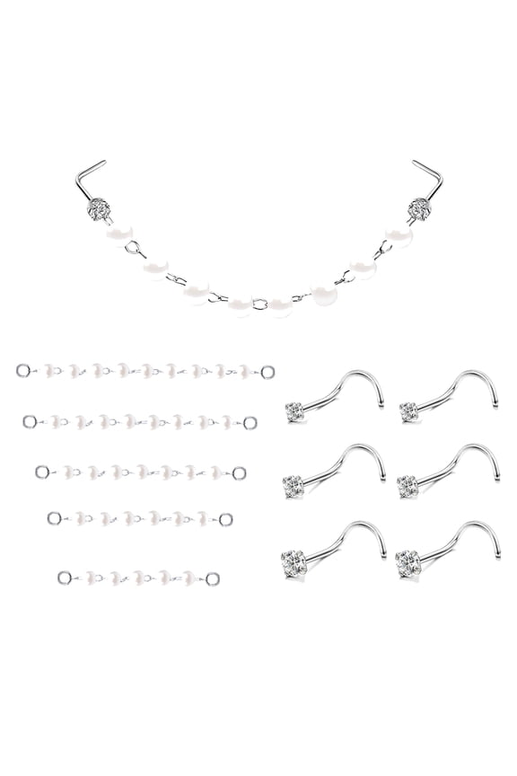 11Pcs/Set Pearl Nose Chain Piercing Across Nose Stud Cubic Zirconia Nose Corkscrew Nose Rings