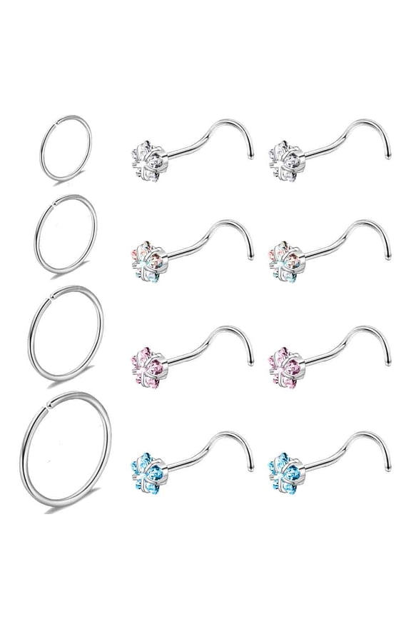 12PCS 20G Nose Hoop Rings Star Nostril Piercing Corkscrew Nose Stud Rings