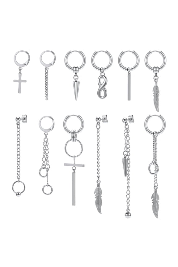 12Pcs Punk Style Cross Hoop Earrings Piercing Kpop Tassel Dangle Ear Piercing Hip Hop Drop Earrings Jewelry Set