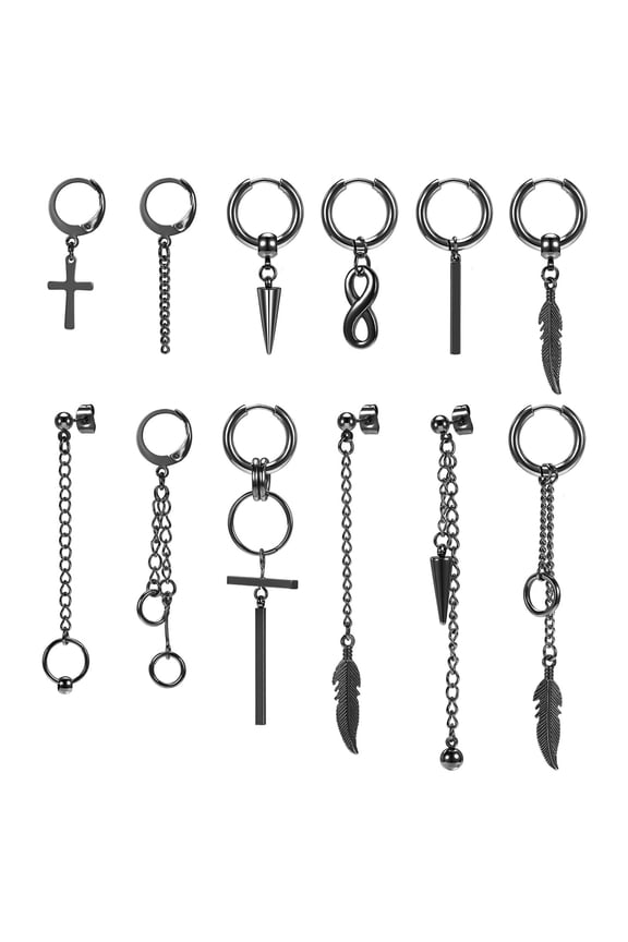 12Pcs Punk Style Cross Hoop Earrings Piercing Kpop Tassel Dangle Ear Piercing Hip Hop Drop Earrings Jewelry Set