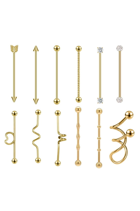 12Pcs/Set 14G Spiral Industrial Barbell Earring Ball Cartilage Industrial Piercing Earring