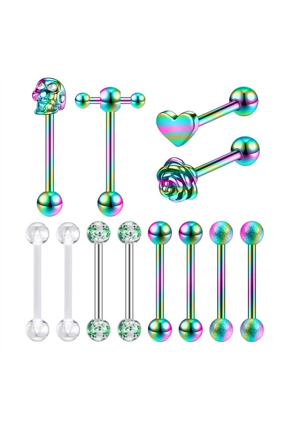 12Pcs/Set 14G Tongue Piercing Barbells Stainless Steel Long Nipple Piercing Barbells Body Jewelry for Women Men